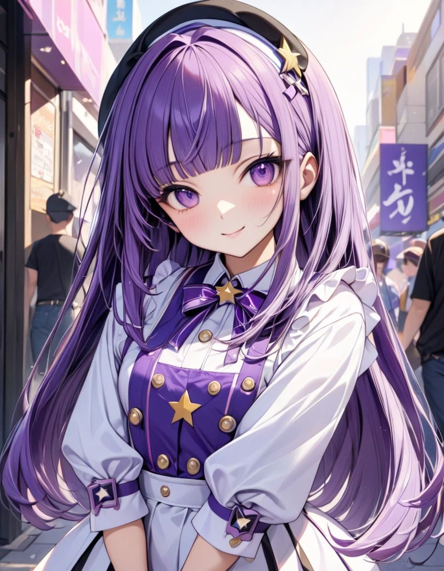 Ai Hoshino、  cool girl  ( long purple hair and square bangs, One-Eyed Star,,  perfect face), independent ,  Strong,   Masterpiece ,  anime art style,  in plain clothes,  most detailed,  High Quality 、Smiling face、 long hair、 I'm wearing cute clothes、、 idol costume、ピースをしている✌️