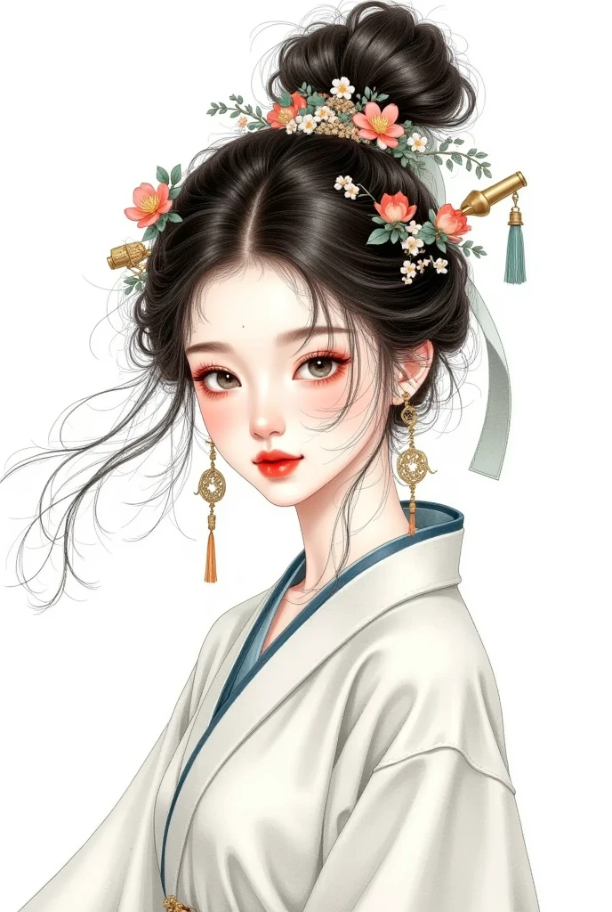 Watercolor：Beautiful girl portrait，Hanfu，Costume。 messy hair ，flowing headband