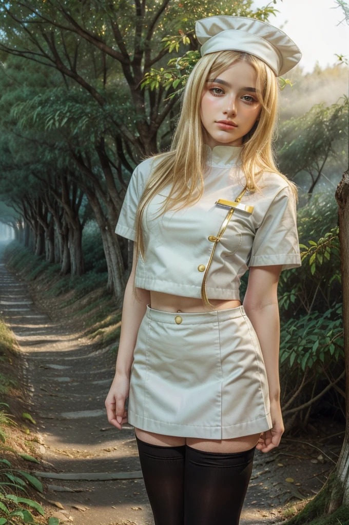 1 girl, best quality, ((Miyo)), tarankaaa, perfect face, beautiful smile, 30 years old, ((nurse attire, nurse cap, thighhighs, gold blonde hair)), ((perfectly drawn hands)), perfect body, bare tree, bush, fog, forest, grass, nature, outdoors, plant, scenery, solo, standing, tree, 32k photograph, ((perfect eyes, detailed eyes,realistic eyes)), ((sharp face, detailed face, realistic face, natural skin, realistic skin, detailed skin, pores)), full body, tone mapping, asian-european, ((masterpiece)), ((highres)), ((detailed background)), japanese village background, night, big proportions, (abdomen is covered)