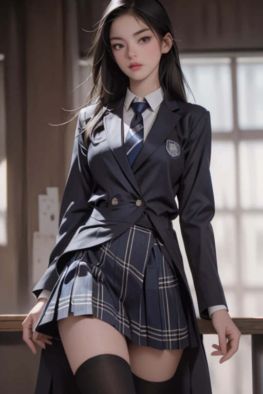 Girl standing in a classroom in a school building,Blue tie uniform,  dark blue blazer  , blue plaid skirt,18 years old,bangs,Laugh a little,Thighs,Knee, from below,  navy blue knee socks,  long hair,  black hair,   best quality ,   Masterpiece ,  high definition , Ultra High Definition, 