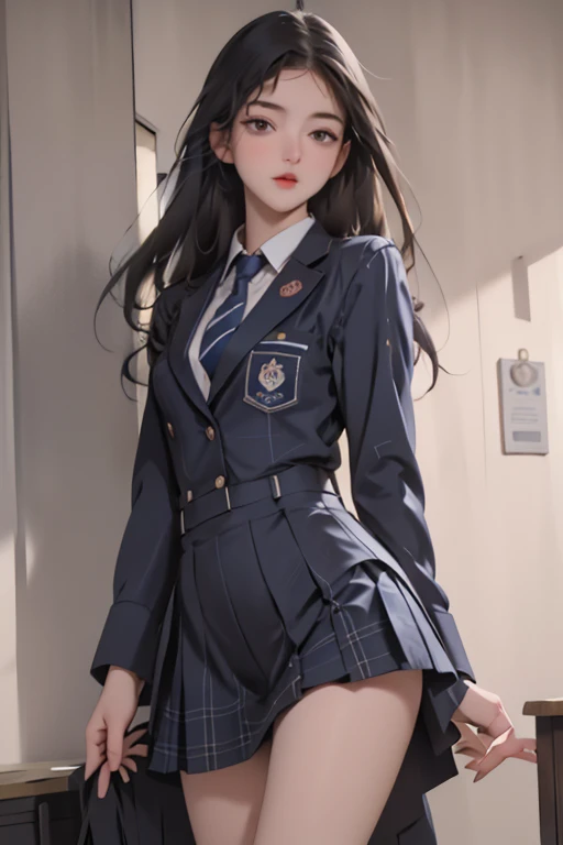 Girl standing in a classroom in a school building,Blue tie uniform,  dark blue blazer  , blue plaid skirt,18 years old,bangs,Laugh a little,Thighs,Knee, from below,  navy blue knee socks,  long hair,  black hair,   best quality ,   Masterpiece ,  high definition , Ultra High Definition, 