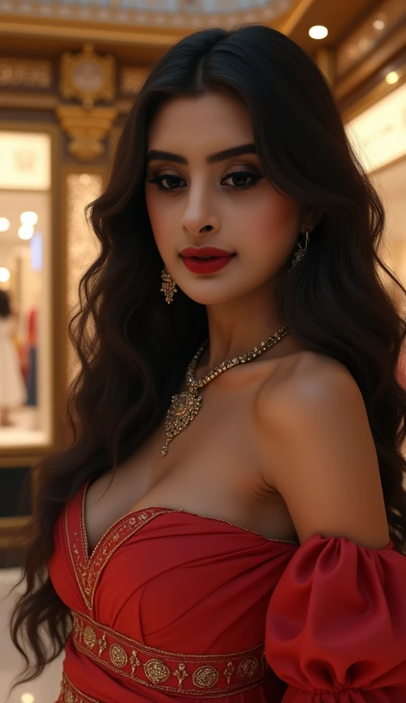 Create an ultra-realistic image of a modern, attractive female influencer of Indian descent, aged between 27 to 30. She should have a warm and inviting smile, expressive almond-shaped eyes with a slight shimmer, and clear, glowing skin with a medium brown complexion. Her features should be well-defined, with high cheekbones and a sharp jawline.
She is in a romantic mood, with both hands gently placed on her cheeks, accentuating her expression. Her lips should be adorned with dark red lipstick, adding a touch of boldness to her look.
Her hair should be styled in soft, elegant curls pinned back with a delicate jeweled hairpin, arranged in a messy bun. She has a slender yet athletic build, reflecting a healthy and active lifestyle, with gigantic breasts (plump: 1.1), ensuring her chest is noticeably bigger.
She is wearing a strapless black mini net frock designed with red roses. The dress is delicate and stylish, with the red roses adding a touch of romance and elegance to the outfit.
The background should be very dark, creating an intimate and dramatic atmosphere that highlights her romantic mood and sophisticated appearance. Her overall look should exude confidence, approachability, and sophistication, capturing the essence of a contemporary Indian fashion influencer in an elegant, romantic setting.