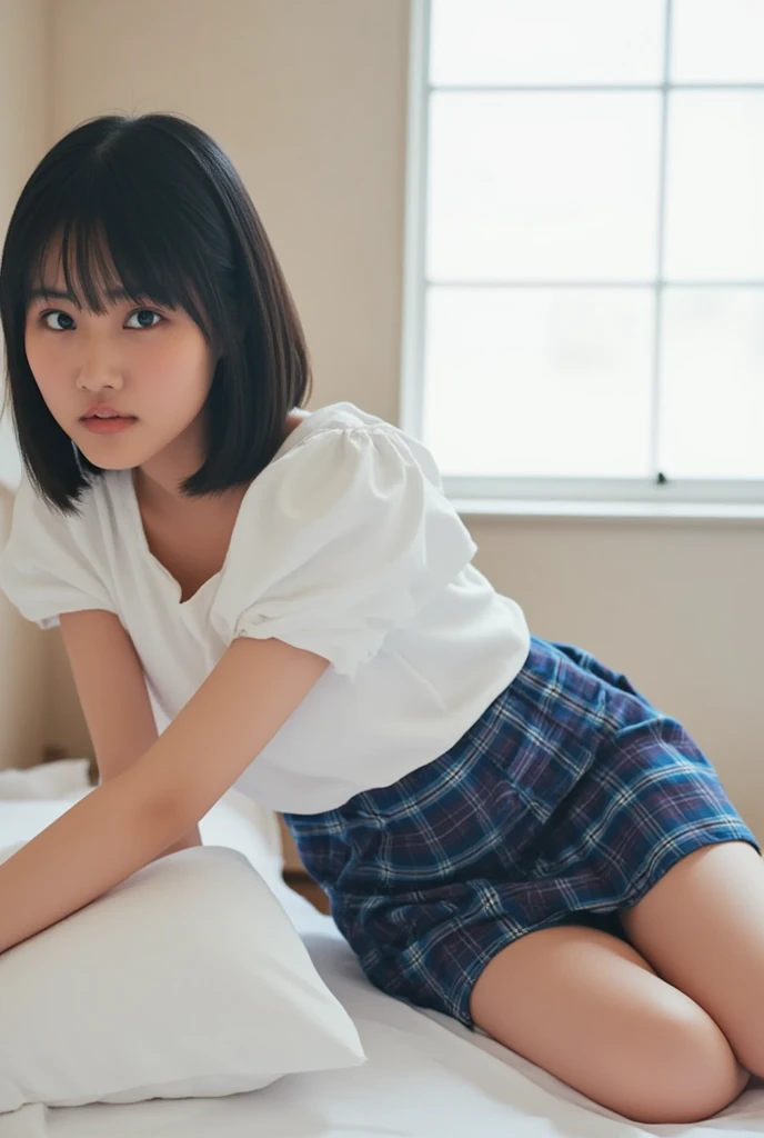 footを開く、32K,   best quality, masterpiece, Realistic,   super detailed,     cute 25-year-old Japanese woman ,   high definition , Alone、 (barefoot、  white blouse 、  blue plaid pleated skirt)、( foot:1.3)、((The upper body is wearing a uniform))、(((((  Sleepy )))))、(((whole body)))、(((Thighs)))、bedroom、  on the bed、  sitting、((  focus on crotch  )),  real skin texture,
  nudes,
