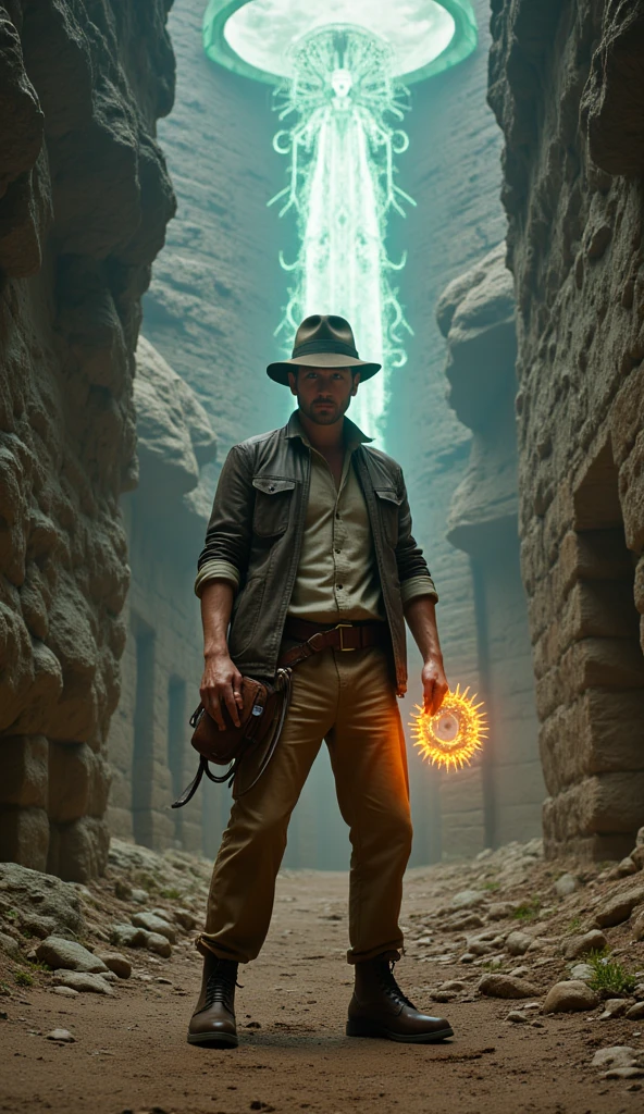 inside very mysterious dark beautiful ancient city. Dutch angle, supernatural phenomena happening. also futuristic. Indiana Jones\(Harrison Ford, movie character, wearing fedora hat, leather whip, black leather jacket, sooty safari shirt, wool pants, British bag,from side\) holding shining OOPARTS. very realistic, dynamic and tense camera works. screenshot of movie. great advertisement poster. beautiful landscape of ancient city, focus on the ancient city