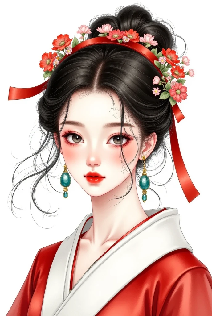 Watercolor：Beautiful girl portrait，Red Hanfu，Costume。 messy hair ，flowing headband