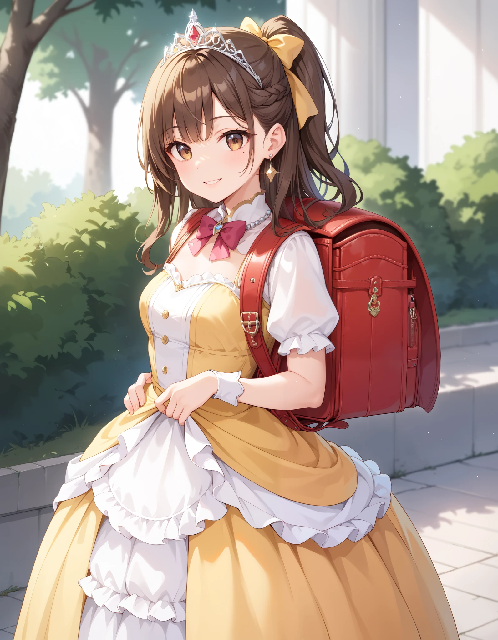 masterpiece, best quality, highres, 1girl, long hair, one side up, solo, ponytail, brown hair, long hair, hair ribbon, brown eyes, mole under eye, cowboy shot,princess dress, princess Costume, colorful princess dress, wearing Tiara, luxury dress,bowtie, smile, frilled dress, tiara, necklace, earrings, luxury jewelry, wearing randoseru backpack, red backpack, standing, outdoor 