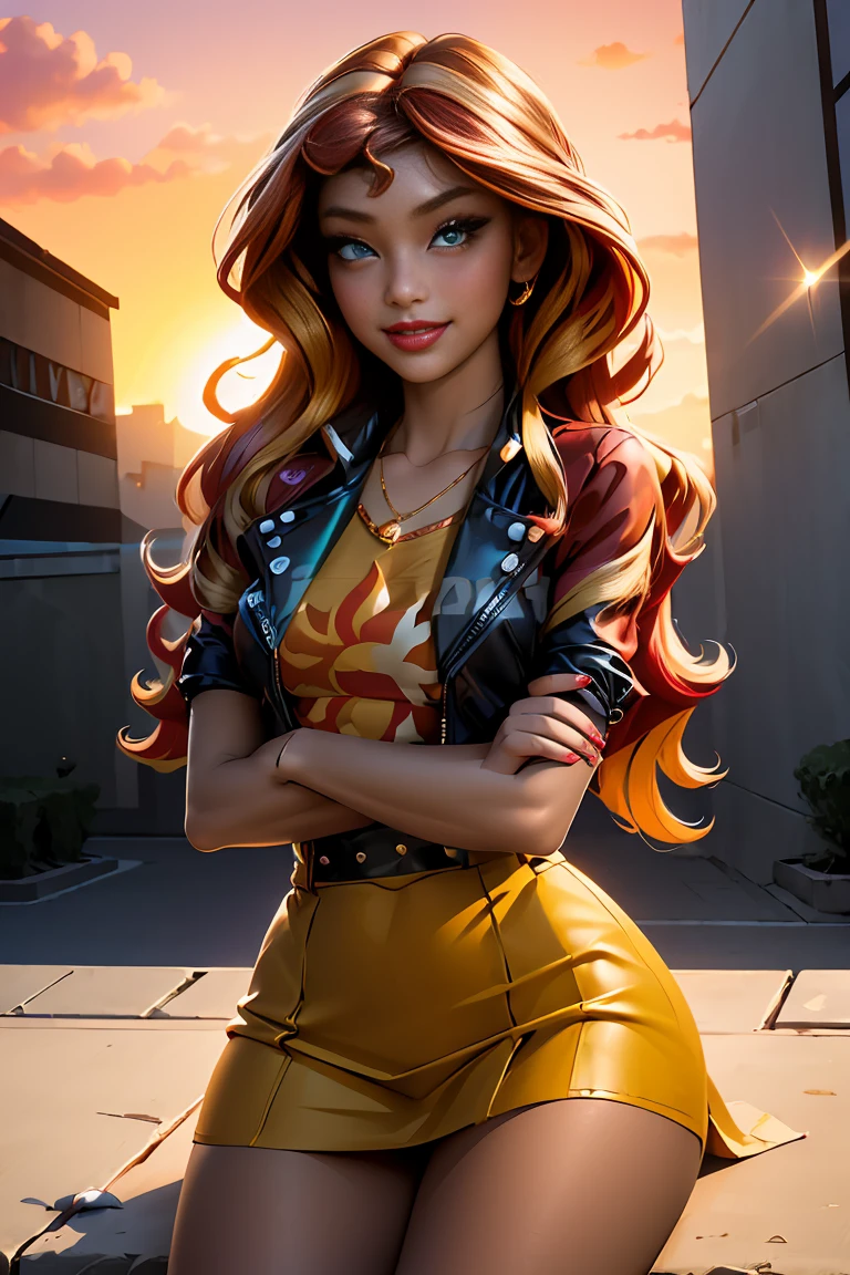 (masterpiece, The best quality:1.2), only, 1girl, mlpshimmer, Nice smile , make-up , Red lips , looking at the viewer, Crossed arms, small black jacket , Orange T-shirt , purple skirt , sunset shimmer , 21 years , beautiful teenage girl , Teenage model , turquoise eyes , Varied background, Full body photo 