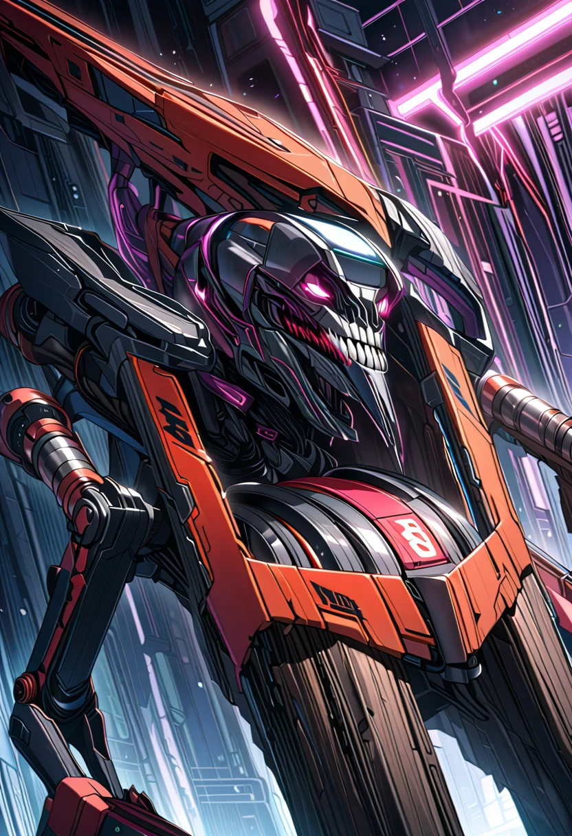 there is a cartoon of a robot with glowing eyes and a skull, badass anime 8 k, striking detailed artstyle, cool mecha style, best anime 4k konachan wallpaper, mecha inspired, raiden metal gear, mecha art, high detailed official artwork, ultra detailed game art, full color digital illustration, comic book style battlemech