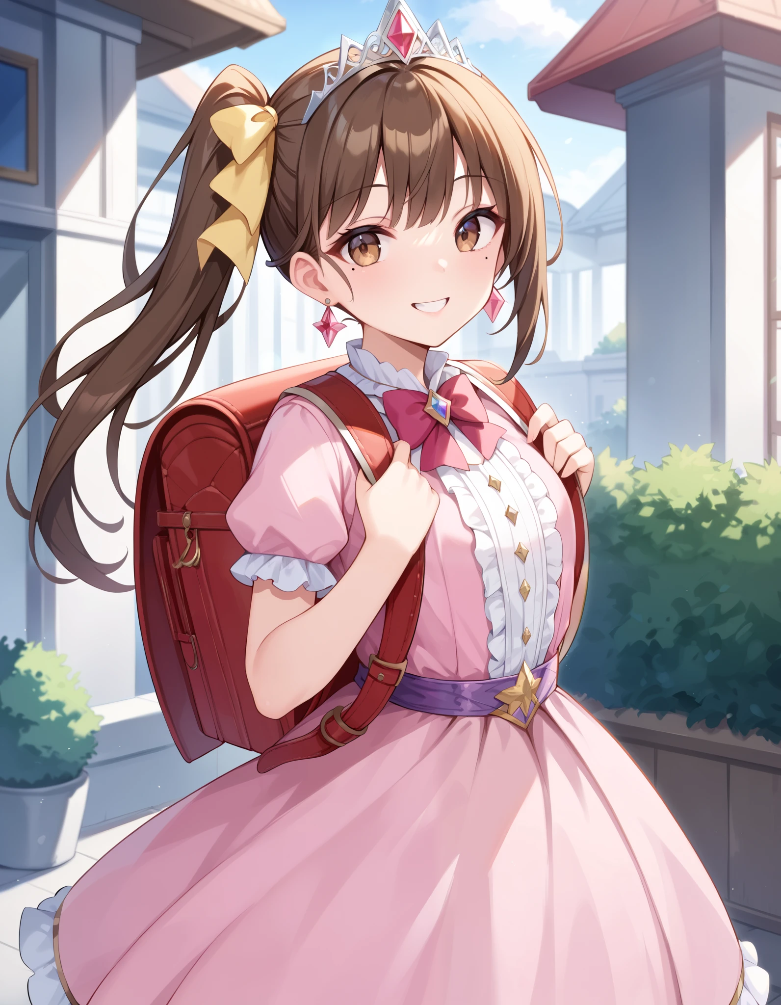 masterpiece, best quality, highres, 1girl, long hair, one side up, solo, ponytail, brown hair, long hair, hair ribbon, brown eyes, mole under eye, cowboy shot,princess dress, princess Costume, colorful princess dress, wearing Tiara, luxury dress,bowtie, smile, frilled dress, tiara,  necklace, earrings, luxury jewelry, wearing randoseru backpack, red backpack, standing, outdoor 