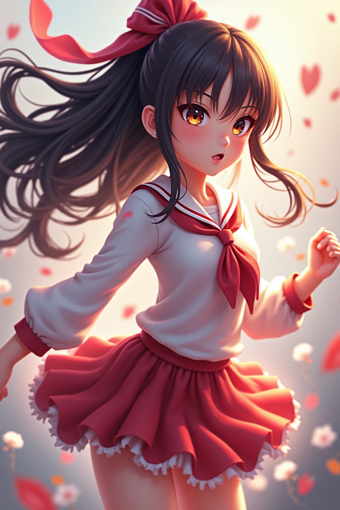 (Best Quality,Ultra-detailed), Vibrant colors, Dynamic Pose, Cherry blossom background, Realistic lighting, [Subtle blush on the cheeks], [Sparkling eyes], [A dark-haired], [Sailor-style collar], [knee high socks], [School Seal], [playful grin], [Long flowing hair], Colorful ribbons, [Anime-style shading], artistic rendering, [slightly tilted head], [Sunny day atmosphere], [Soft shadows], [Expressive eyebrows], [Ink style lineart], [skirt pleated], [breezing], [Glowing skin], [Displaying brush strokes], [Expressive hand gestures], [Playful wink], [Dynamic Motion Lines], [Twinkling background stars], [alluring charm].