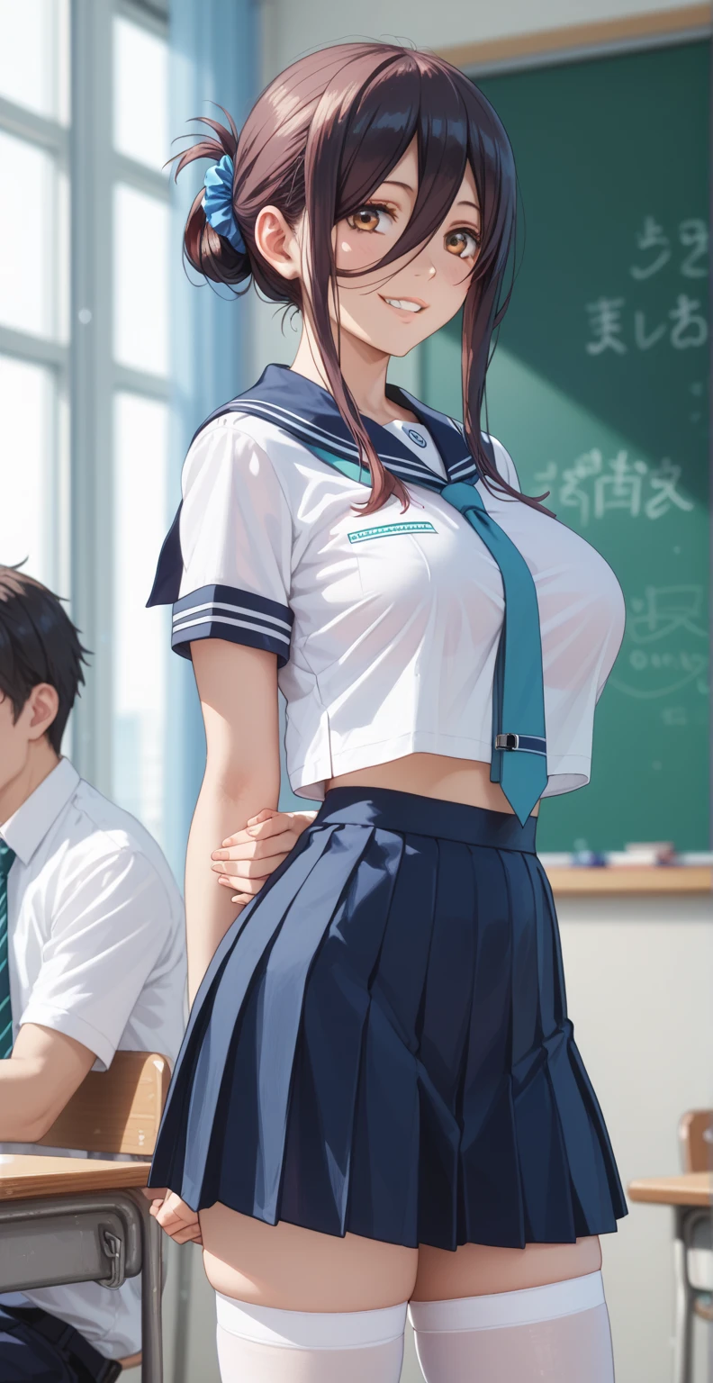 Tall woman, nice body woman, score_9, score_8_up, score_7_up, score_6_up, uncensored, 1 woman, Miku Nakano, long hair, bangs, brown eyes, black hair, shirt, hair between eyes, exposed big breasts, sailor suit, school uniform, tie, white stockings, smile, mouth closed, hair tied up, hair tie biting, classroom background, standing, cropped clothes