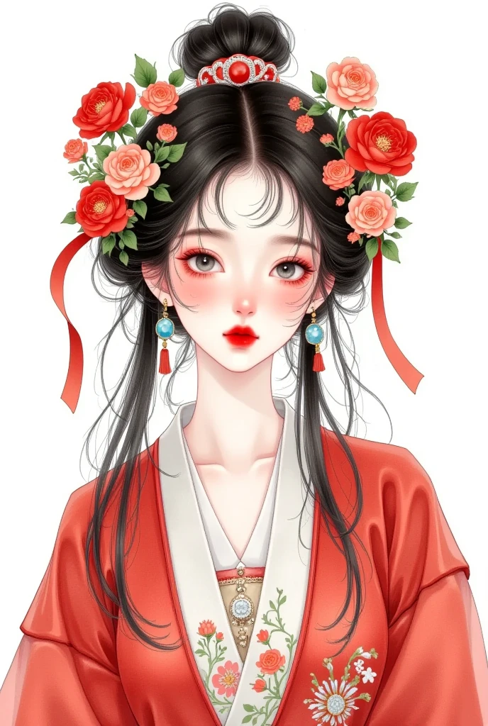 Watercolor：Beautiful girl portrait，Red Hanfu，Costume。 messy hair ，flowing headband