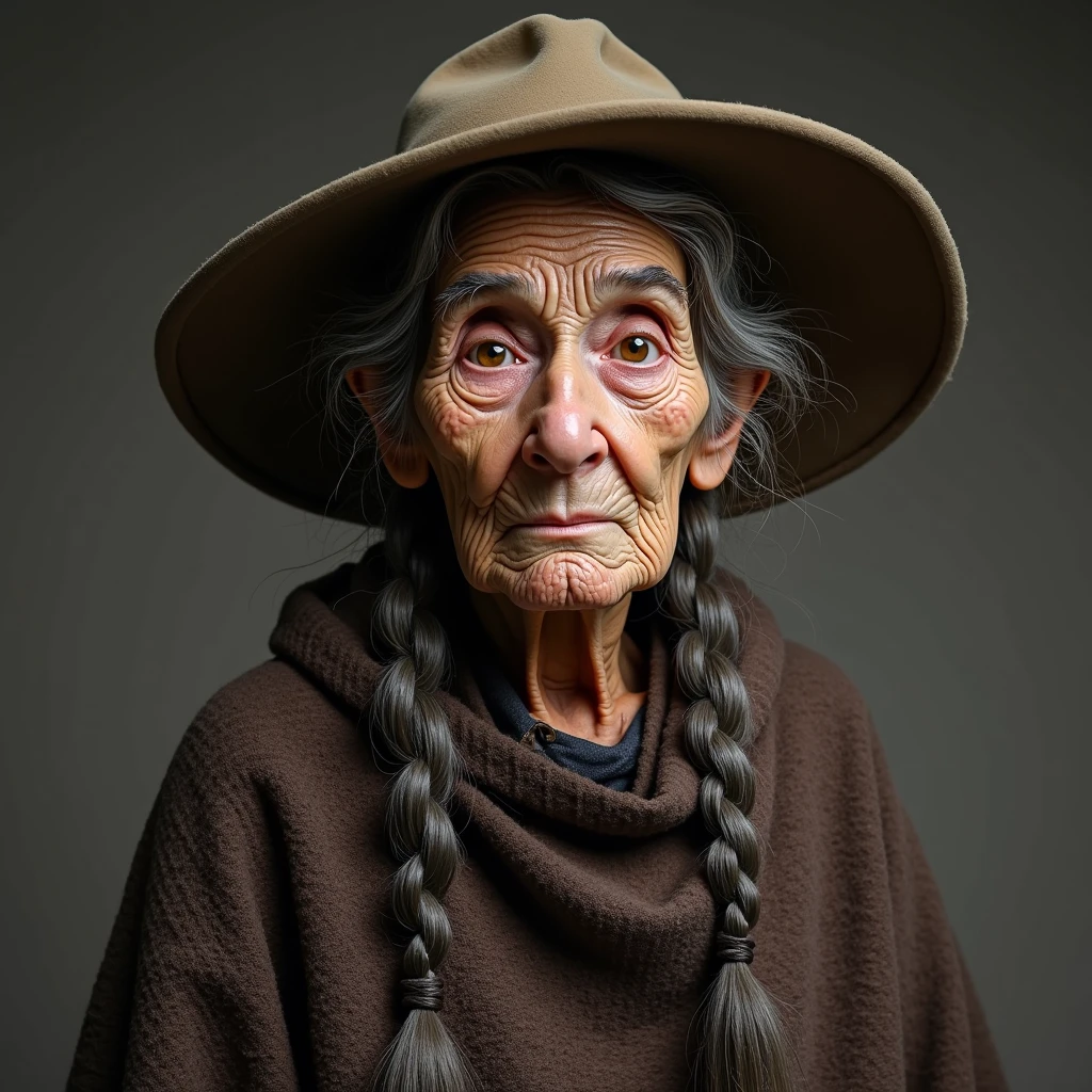 Old lady with a hat with the word RAW written on it with very long gray hair on her hat a tattoo with the word RAW written on it.