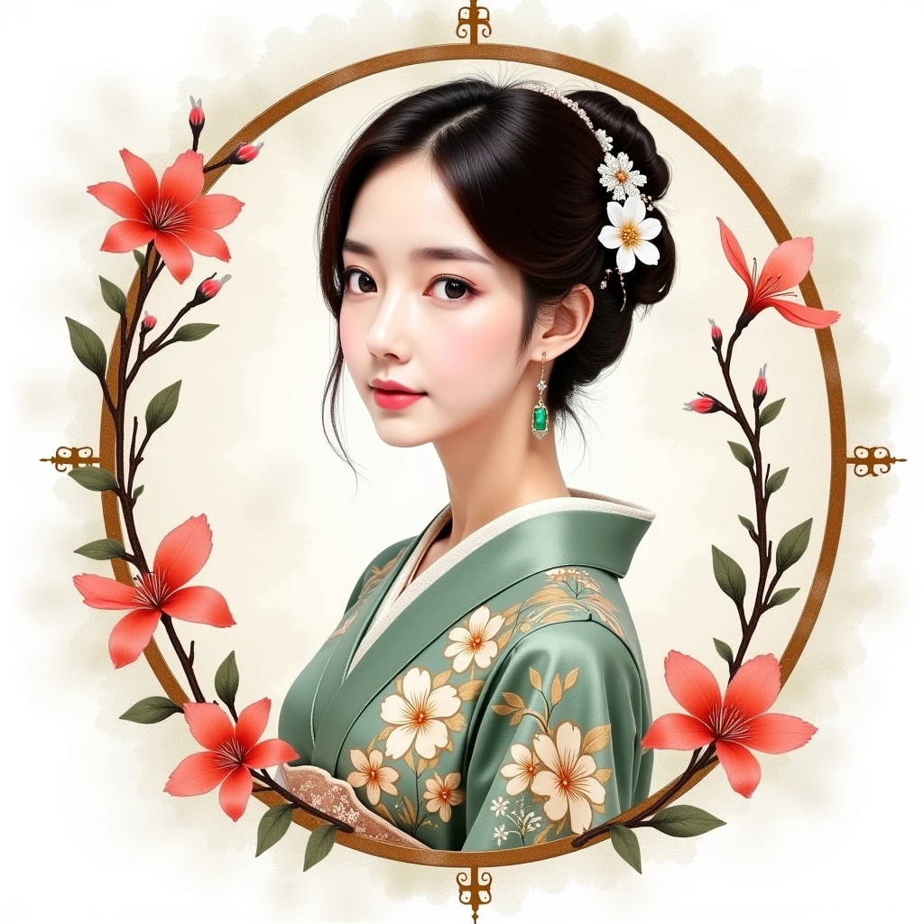 (masterpiece, best quality:1.2), Artistic and elegant watercolor portrait of an East-Asian woman with delicate features, wearing a traditional kimono with intricate floral patterns and soft earthy tones of green and brown. Her short, glossy black hair is styled neatly, adorned with a white flower hairpin that complements her graceful appearance. She is framed by a circular decorative element resembling a traditional window, entwined with blooming branches of red and white flowers, adding a serene and timeless touch to the composition. The background is subtly textured with watercolor splashes and soft gradients, enhancing the overall artistic quality. Her gentle expression and poised posture exude calmness and sophistication, with details such as fine jewelry—emerald earrings and a subtle necklace—adding a touch of refinement. The artwork showcases high attention to detail, blending traditional aesthetics with modern illustrative techniques