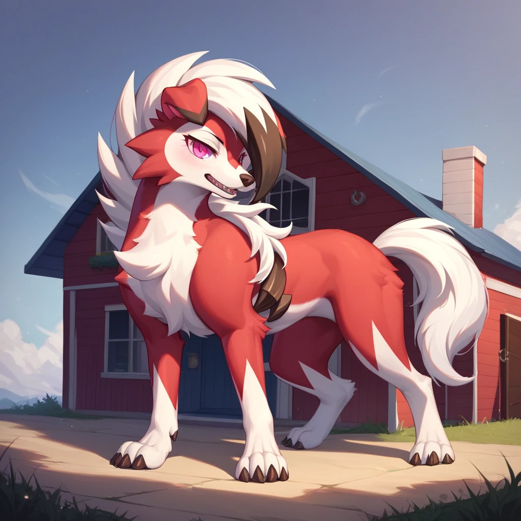 masterpiece:1.2, best quality, (highly detailed), score_9, score_8_up, score_7_up, full body shot, feral, Midnight Lycanroc_(Pokemon), Midnight Lycanroc, Dark Red Fur, Two Tone Fur, White hair, Black tipped Hair, naked, no visible clothes, in house, industrial background, 1girl, solo, large breasts,