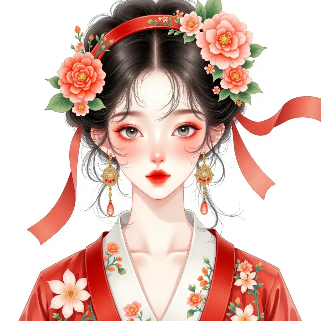 Watercolor：Beautiful girl portrait，Red Hanfu，Costume。Flowers cover your eyes， messy hair ，flowing headband