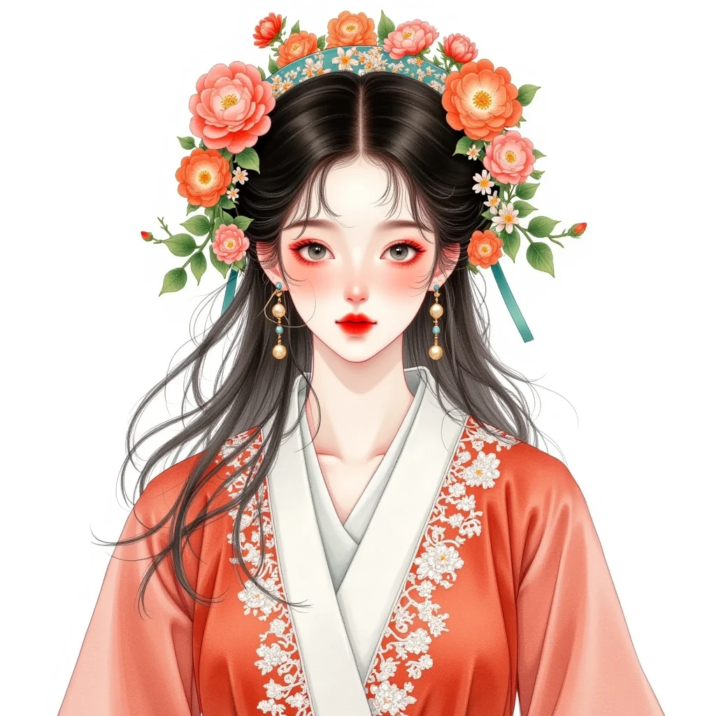 Watercolor：Beautiful girl portrait，Red Hanfu，Costume。Flowers cover your eyes， messy hair ，flowing headband