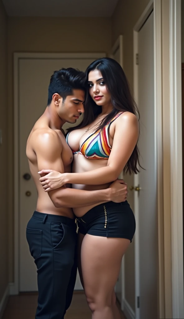 (photorealism:1.2), A beautiful gorgeous plump Indian 55-year-old woman wearing a orange thin bra panty, long hair, huge breasts, hot body curves, smiley face, white skin, laying on bed with 21 years old handsome man 