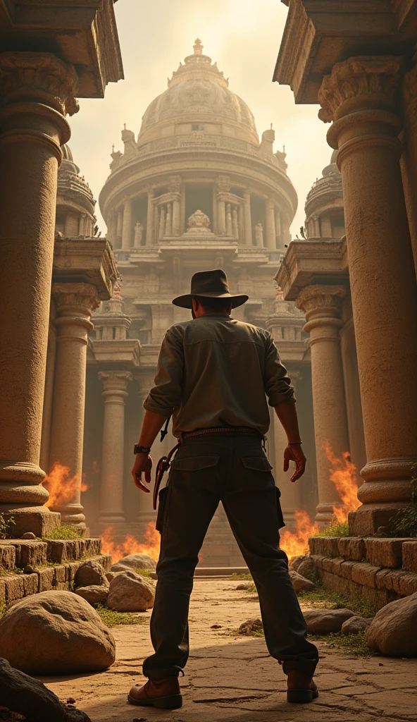 inside very mysterious dark beautiful ancient city.The elaborately built city conveys its former glory. Dutch angle, supernatural phenomena happening. also futuristic. Indiana Jones\(Harrison Ford, movie character, wearing fedora hat, leather whip, black leather jacket, sooty safari shirt, wool pants, British bag,from side\) holding shining OOPARTS. very realistic, dynamic and tense camera works. screenshot of movie. great advertisement poster. beautiful landscape of ancient city, focus on the ancient city