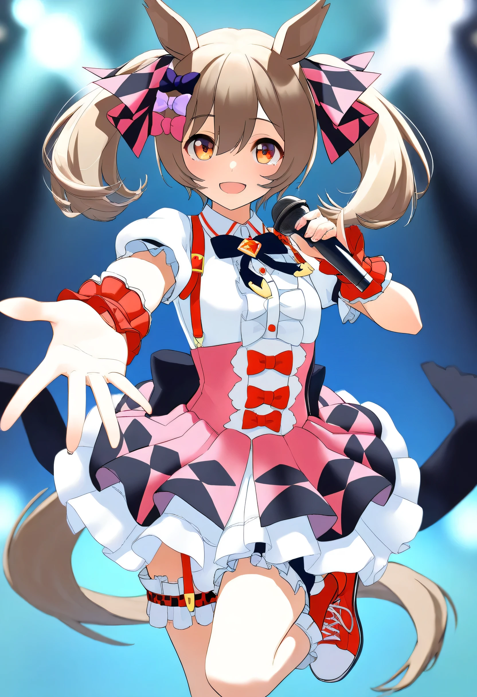 nsfw, stage, stage light,  ((1 girl)), umamusume, smart falcon, hair bow, hair ribbon, puffy short sleeves, wrist cuffs, wrist scrunchie, collared shirt, white shirt, suspenders, black bowtie, center frills, back bow, suspender skirt, pink skirt, high-waist skirt, frilled skirt, dress, bridal garter, thigh strap, frilled socks, red socks, red footwear, sneakers, smile, open mouth, horse tail, animal ears, looking at viewer, reaching, reaching towards viewer, holding microphone, idol,  fingers, finger nail, body without discomfort, chest, small curvaceous, small breasts, ((masterpiece)), (best quality), (absurdres), (ultra detailed), (very aesthetic) 