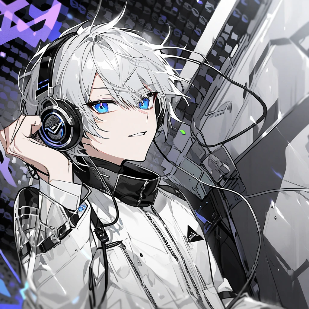 1boy, mature male, handsome male, 30 years old, medium length hair, silver eyes, android looking eyes, pale skin, electric cords connected to the back of neck, long hair, navy blue hair, teal blue highlights, blue tank top, black jean jacket, jeans, fingerless gloves, extreme close up, mechanical background, headphones