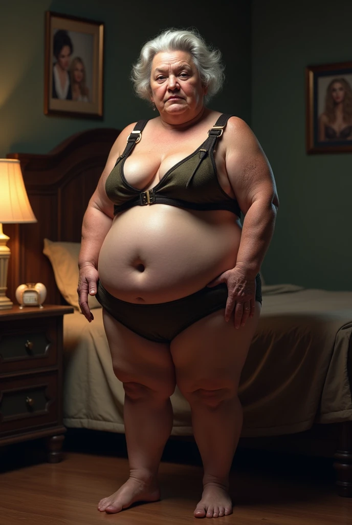 35mm kodak film photo of aged mature housewife, full body portrait, high heels, naked, hourglass figure, (gigantic massive hanging teardrop saggy breasts):1.3, (hairy pubic):1.3, narrow shoulders,
