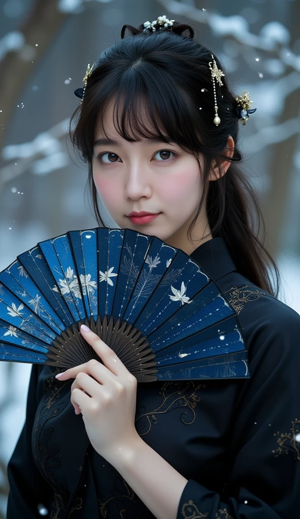 Elegant and mysterious East-Asian woman, holding a dark blue fan with intricate dragonfly patterns, wearing a black outfit with delicate details, adorned with a dark ribbon and intricate hair accessories with dangling beads, deep blue eyes gazing softly, long wavy black hair, dramatic and ethereal lighting, soft snow-like particles falling around, enchanting and quiet atmosphere, fantasy-inspired setting, ultra-detailed textures, glowing accents, elegant pose, photorealistic and in style of magical realism.