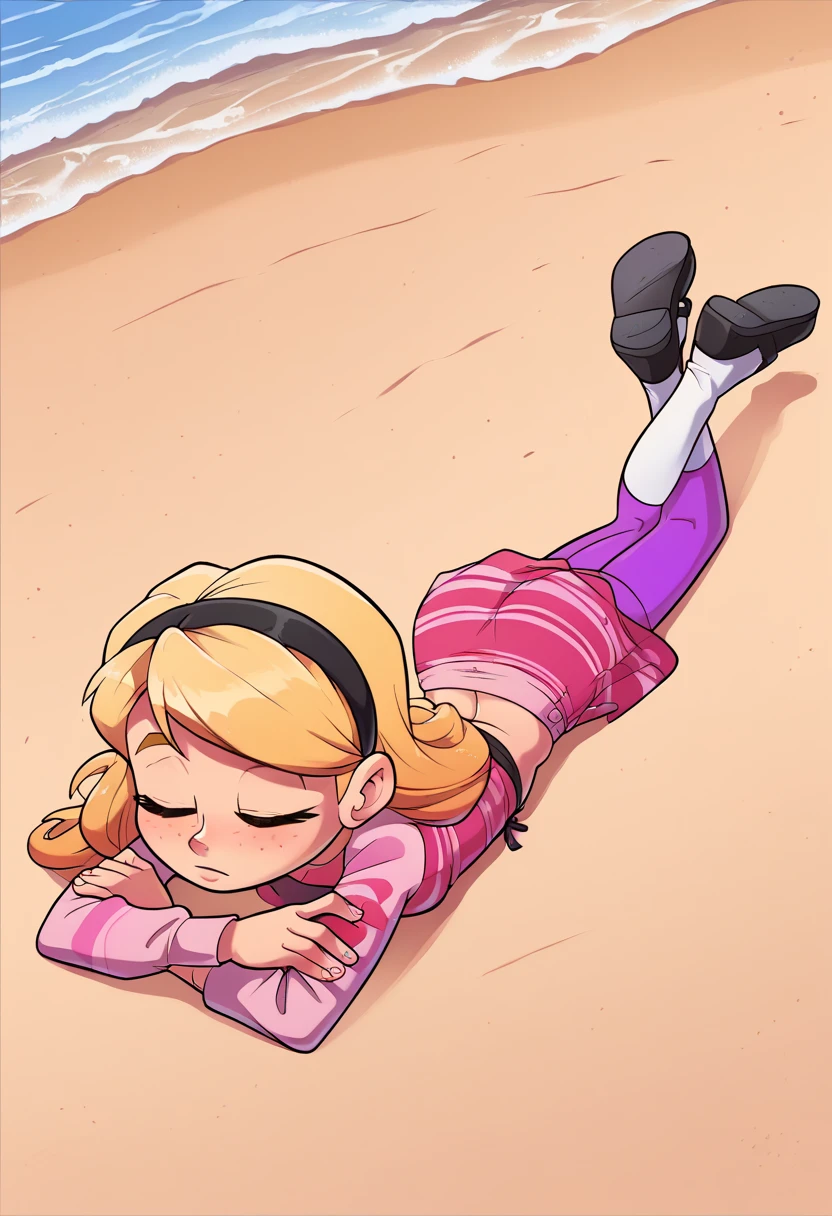 1girl, full body, solo, penny peterson, long hair, blue eyes, freckles, blonde hair, skirt, hairband, black hairband, white socks, dress, pink dress, purple pantyhose, long sleeves, mary janes, black mary janes, straight-on, lying, on stomach, crawling, eyes closed, closed mouth, showing her butt, Cute butt, on sand, ryona, on ground, eyes closed, on a beach, ((beach))