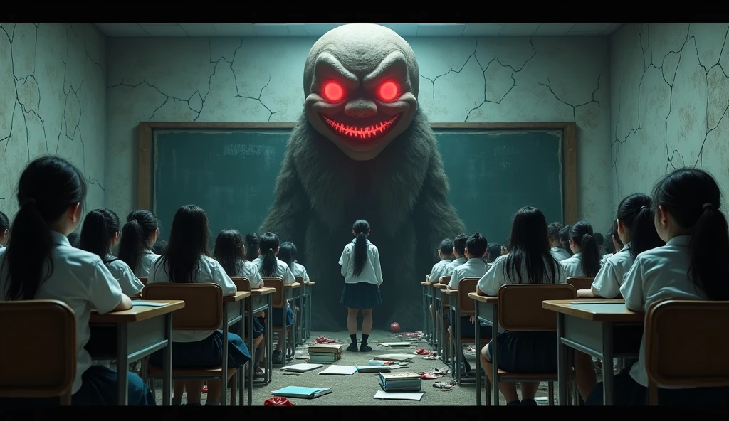 (raw photo, best quality) , (Realistic, photo-realistic: 1.4), extremely formidable general plan, masterpiece, ultra-detailed, high resolution, best illustration, best shadow, complex, depth of field, horror, old classroom empty abandoned, scary, dark, night, At night, very low lighting, in the back of the classroom, in full black, we see only two bright red eyes, and a smiling mouth (scary smile), with sharp and sharp teeth, 8k style photorealist, DSLR, high quality, (film grain: 1.4), Fujifilm XT3,