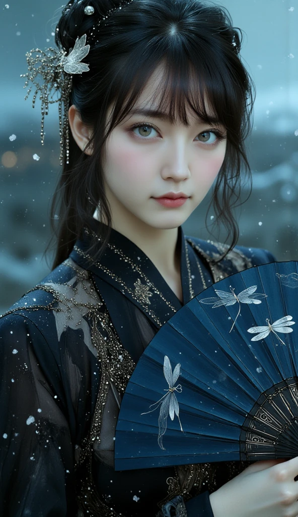 Elegant and mysterious East-Asian woman, holding a dark blue fan with intricate dragonfly patterns, wearing a black outfit with delicate details, adorned with a dark ribbon and intricate hair accessories with dangling beads, deep blue eyes gazing softly, long wavy black hair, dramatic and ethereal lighting, soft snow-like particles falling around, enchanting and quiet atmosphere, fantasy-inspired setting, ultra-detailed textures, glowing accents, elegant pose, photorealistic and in style of magical realism.