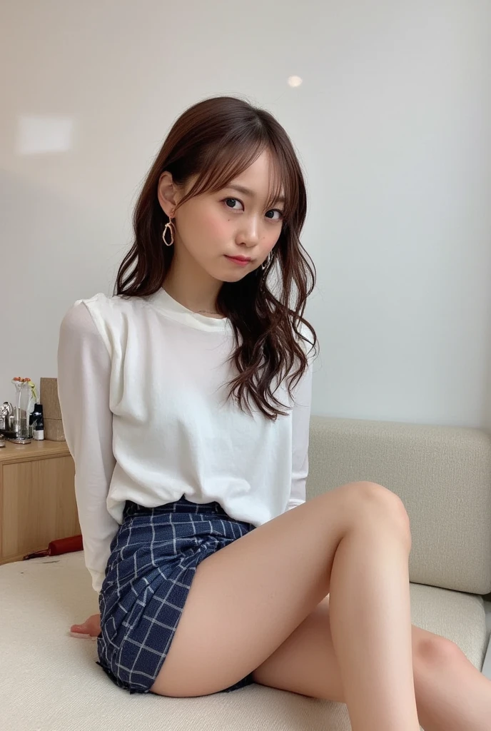 footを開く、32K,   best quality, masterpiece, Realistic,   super detailed,     cute 25-year-old Japanese woman ,   high definition , Alone、 (barefoot、  white blouse 、  blue plaid pleated skirt)、( foot:1.3)、((The upper body is wearing a uniform))、(((((  Sleepy )))))、(((whole body)))、(((Thighs)))、bedroom、  on the bed、  sitting、((  focus on crotch  )),  real skin texture,
  nudes,
