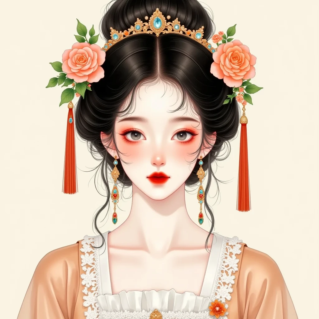 1girl,artist name,beige background,black eyes,black hair,brown background,closed mouth,crown,earrings,gem,gradient,gradient background,hat,jewelry,lips,lipstick,long sleeves,looking at viewer,makeup,red lips,short hair,simple background,solo,tan background,tassel,upper body