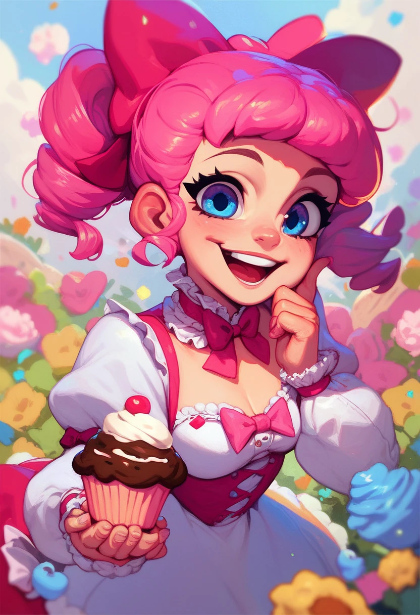 1girl, poofy pink hair, holding cupcake, short puffy dress, a lot of frills, happy face, blue eyes, pink hair bow, puffy sleeves, 