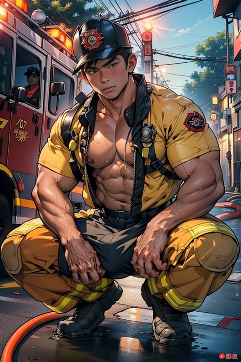 nsfw, (((1boy))), (((squatting))), spread legs, ((Take off your own shirt)), 20 year-old boy, cute baby face, ahegao, orgasm, bulky body, ((close-cropped black hair)), (bozu), huge butt, bulge, masterpiece, best quality, perfect anatomically, high detailed, (((firefighter))), (clothed firefighter orange uniform), ((wearing firefighter uniform with cap)), japan, Iwatani Naofumi, (chubby:1.3), sunburned dark skin, glossy skin, (tan lined), muscular bulky hunk 20 year-old male, at the street behind, (at night), provoking, 