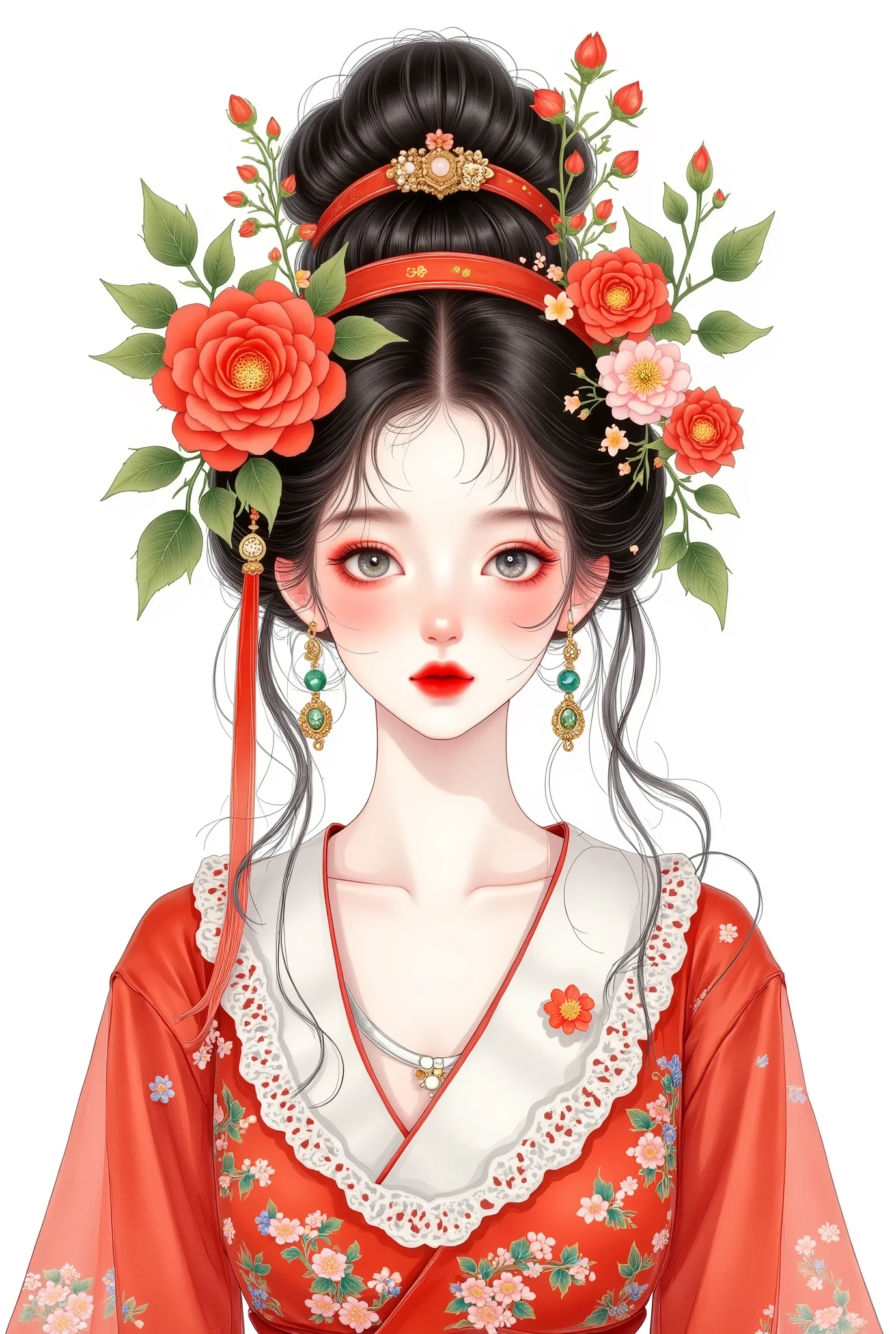 Watercolor：Beautiful girl portrait，Red Hanfu，Costume。Flowers cover your eyes， messy hair ，flowing headband