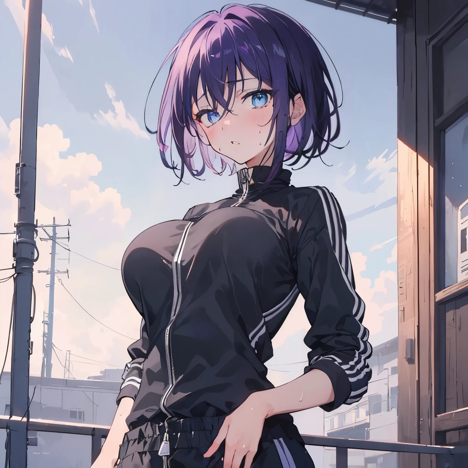 (embarrassed, blush), 1 girl, upper body, (facing viewer, looking viewer), (blue eyes), ((sanpaku)), (purple hair, straight hair, very short hair, large breast), (((black sweatsuit))), (promenade, outdoor), Sharp Focus, (Best Quality, masterpiece, detailed, facial focus), (solo shot), standing straight, ((waist)), sweat, standing straight
