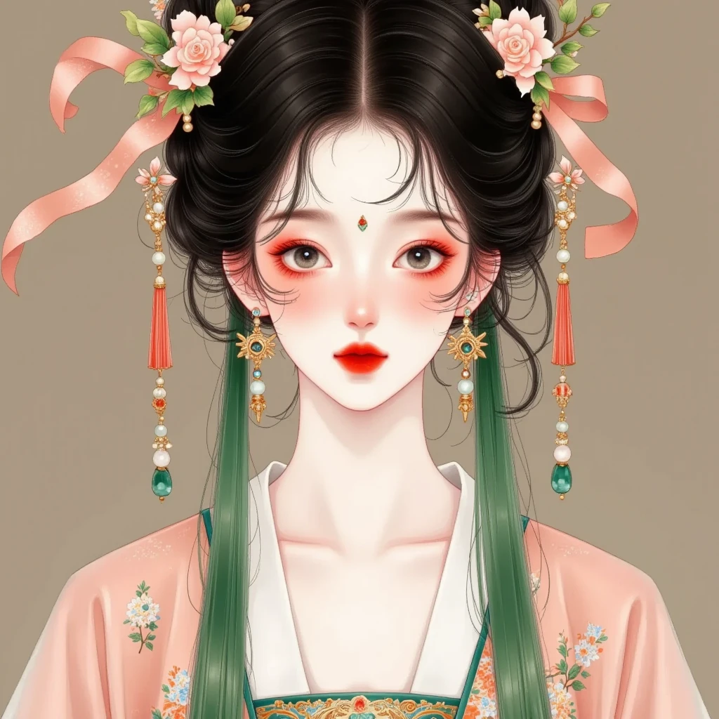 1girl,artist name,beads,black eyes,black hair,blurry,brown background,chinese clothes,closed mouth,dress,earrings,gem,jewelry,lips,lipstick,long sleeves,looking at viewer,makeup,red lips,short hair,smile,solo,tassel,upper body