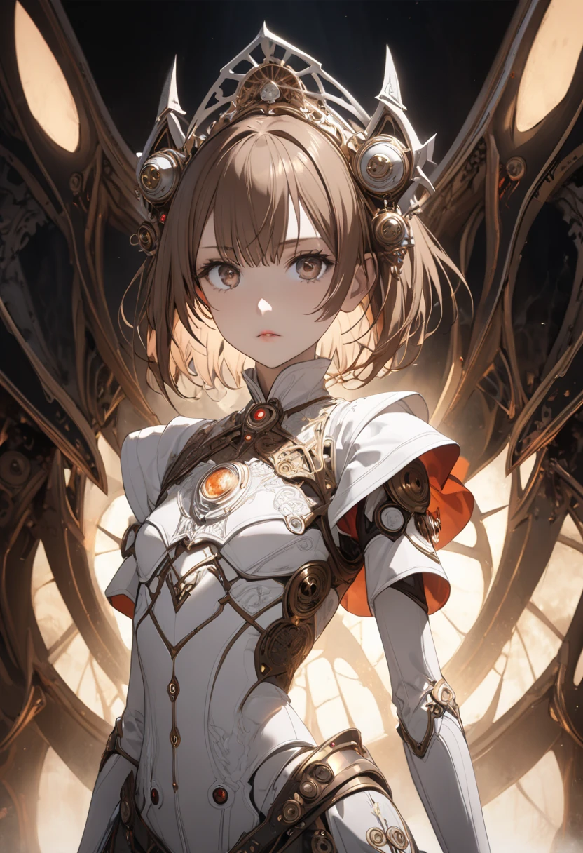 ((best quality)), ((masterpiece)), (detailed), 1girl, Misaka Mikoto {Scientific Railgun} (big forhead:1.2),extremely detailed cute anime face, (((flat chest))), (flat chest:1.1),((((brown hair)))),intricate eyes,beautiful detailed eyes,symmetrical eyes,(((detailed face))),beautiful detailed lips, dynamic pose, looking at this, resolved, resolute, highres,(best quality),(ultra detailed,extremely detailed),perfect face details, ((masterpiece:1.4, best quality))+, (ultra detailed)+, slim body, skinny, prominent collarbones, skinny arms, flat stomach, visible hip bones, short hair, perfect face, Detailed body，Full limbs, perfect face, a beaituful goddess valkyrie enshrined in armour, grand in scale and intricacy, occult aesthetic, occult, detailed and intricate steampunk and detailed gothic, Very dramatic and cinematic lighting, cosmic horror, grim dark, Red and white with a sense of technology, side-lighting, NSFW, Depicting female characters from ethereal anime in a high-quality anime art style, gothic lolita, full body, whole body, body