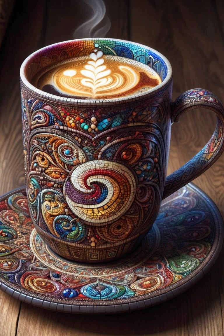 A colorful intricate ais-mosaic mug of coffee on a wooden table 