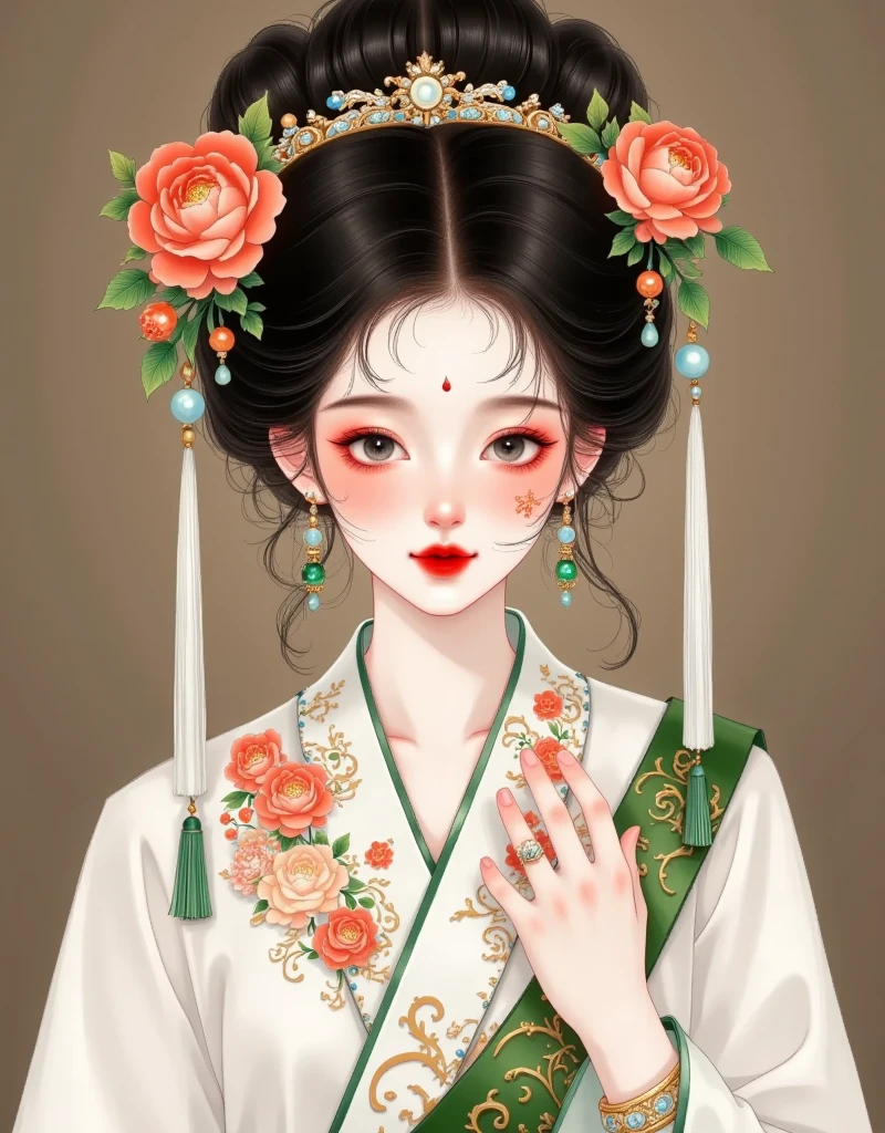 1girl,artist name,beads,black eyes,black hair,blurry,brown background,chinese clothes,closed mouth,dress,earrings,gem,jewelry,lips,lipstick,long sleeves,looking at viewer,makeup,red lips,short hair,smile,solo,tassel,upper body