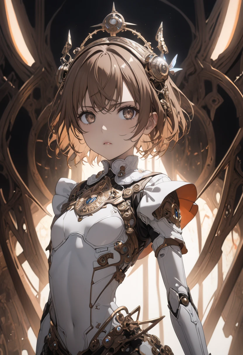 ((best quality)), ((masterpiece)), (detailed), 1girl, Misaka Mikoto {Scientific Railgun} (big forhead:1.2),extremely detailed cute anime face, (((flat chest))), (flat chest:1.1),((((brown hair)))),intricate eyes, beautiful detailed eyes, symmetrical eyes,(((detailed face))),beautiful detailed lips, dynamic pose, looking at this, resolved, resolute, highres,(best quality),(ultra detailed, extremely detailed),perfect face details, ((masterpiece:1.4, best quality))+, (ultra detailed)+, slim body, skinny, prominent collarbones, skinny arms, flat stomach, visible hip bones, short hair, cute anime face, Detailed body. Full limbs, cute anime face, a beautiful goddess of lightning, a lightning Valkyrie enshrined in armor, grand in scale and intricacy, occult aesthetic, occult, lightning, detailed and intricate steampunk and detailed gothic, Very dramatic and cinematic lighting, cosmic horror, grim dark, Red and white with a sense of technology, side-lighting, NSFW, Depicting female characters from ethereal anime in a high-quality anime art style, gothic ta, full body, whole body, body