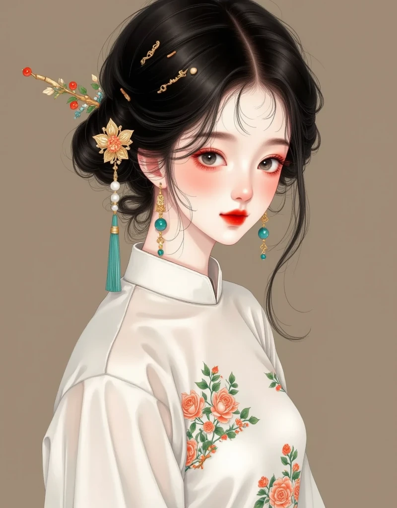 1girl,artist name,beads,black eyes,black hair,blurry,brown background,chinese clothes,closed mouth,dress,earrings,gem,jewelry,lips,lipstick,long sleeves,looking at viewer,makeup,red lips,short hair,smile,solo,tassel,upper body