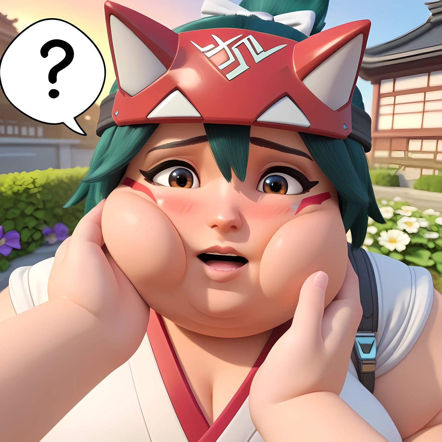 score_9, score_8_up, score_7_up, BREAK, 1girl, solo, kiriko \(overwatch\), kimono, garden, temple, flower, outdoors, sunset, depth of field, looking at viewer, excited, !, waving, looking at viewer, swollen face, fat, chubby, obese, open mouth, out of breath, absurdres, highres icon, rating:General, confused, blush, spoken question mark, {flustered}, nervous sweating, portrait, pov hands, hand on another's cheek, averting eyes, [looking away], straight-on, from above,  upper body, masterpiece, best quality, ultra-detailed, high resolution, 8K, absurdres, highres icon,