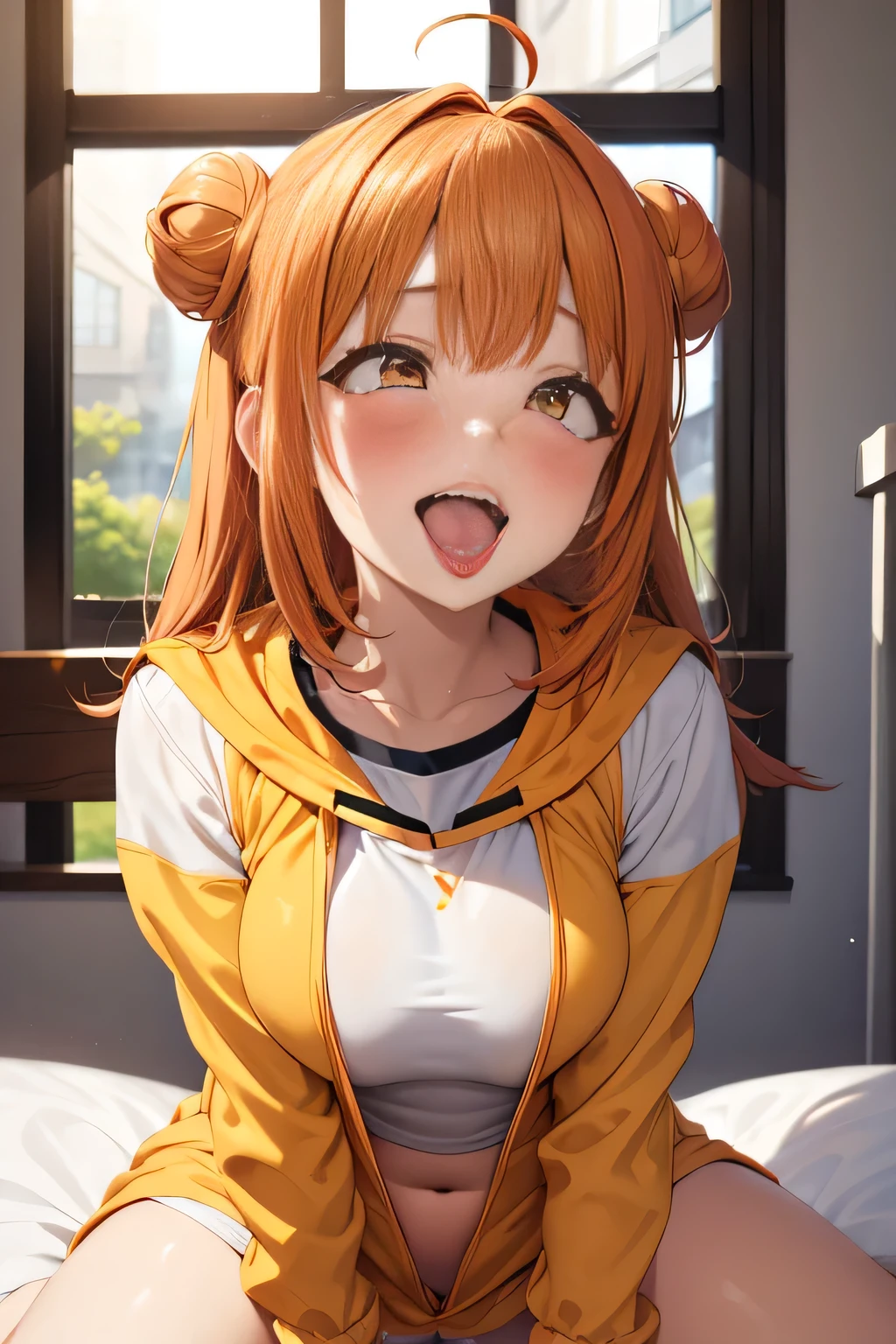 boy wearing white shirt and brown pants under brown trench coat, short brown-haired boy , long orange haired girl in the bedroom , girl with long orange hair in casual fashion 、 yellow hoodie、 crop top、 More Than Your Face , White skinned girl, buns hair, window in the background , boy and girl are in bedroom , is very sweaty, Sweaty body, shiny skin, high temperature , Orange long haired girl wearing , penis, Testis, veginal sex , Heterosexual, 1 boy 1 girl , straddling , Fall in love, nsfw, wild sex , rough sex , sex , Vaginal insertion, place someone else's head on your hand, side doggy style, teeth, doggy style, plump, ahehe,