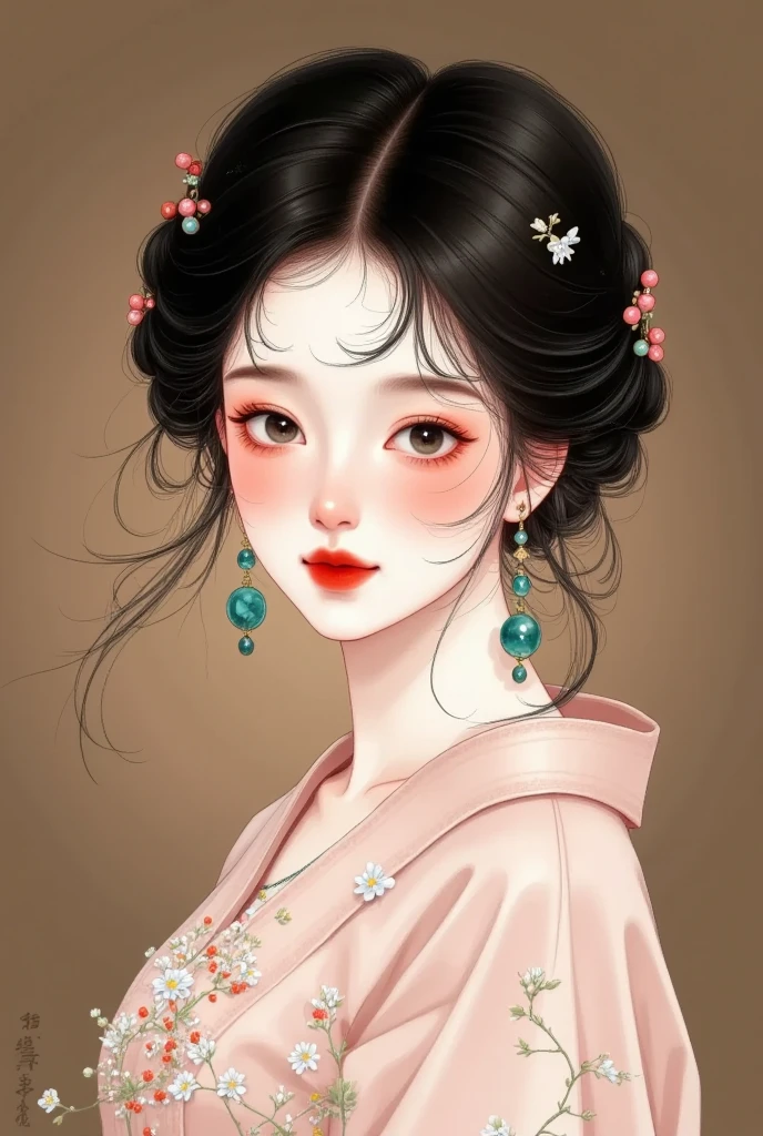 1girl,artist name,beads,black eyes,black hair,blurry,brown background,chinese clothes,closed mouth,dress,earrings,gem,jewelry,lips,lipstick,long sleeves,looking at viewer,makeup,red lips,short hair,smile,solo,tassel,upper body