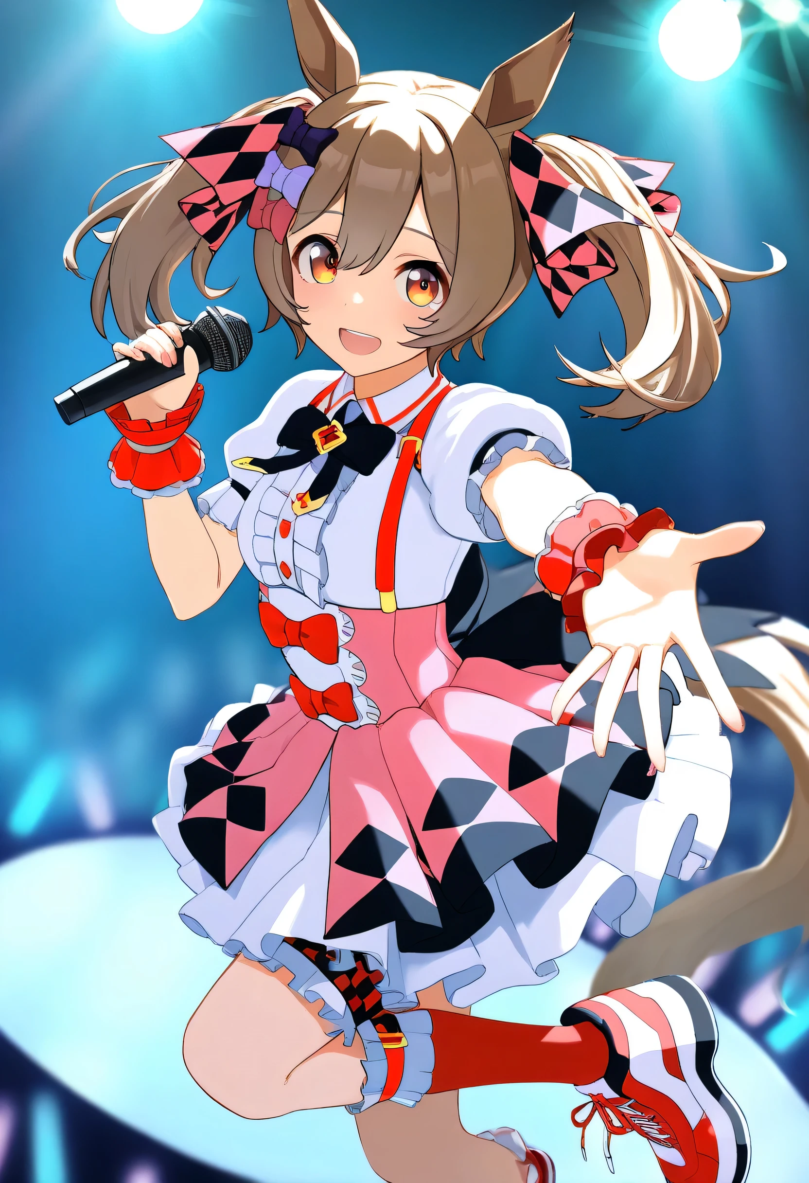 nsfw, stage, stage light,  ((1 girl)), umamusume, smart falcon, hair bow, hair ribbon, puffy short sleeves, wrist cuffs, wrist scrunchie, collared shirt, white shirt, suspenders, black bowtie, center frills, back bow, suspender skirt, pink skirt, high-waist skirt, frilled skirt, dress, bridal garter, thigh strap, frilled socks, red socks, red footwear, sneakers, smile, open mouth, horse tail, animal ears, looking at viewer, reaching, reaching towards viewer, holding microphone, idol,  fingers, finger nail, body without discomfort, chest, small curvaceous, small breasts, ((masterpiece)), (best quality), (absurdres), (ultra detailed), (very aesthetic) 