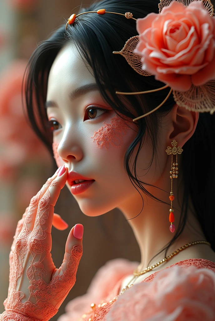 Create an image of a beautiful woman wearing a sexy Japanese princess outfit., The see-through fabric is so thin that the wearer's nipples and skin can be seen., She can spread her legs wide to show off her genitals., She has a slim face., sharp eyes, long hair, responsive face, high nose, and thin lips, Her breasts are 32 inches long with pink nipples., Her waist is 24 inches., Her hips are 33 inches., Her skin was bright and white., She has light brown hair., And her figure was slim and slightly muscular..