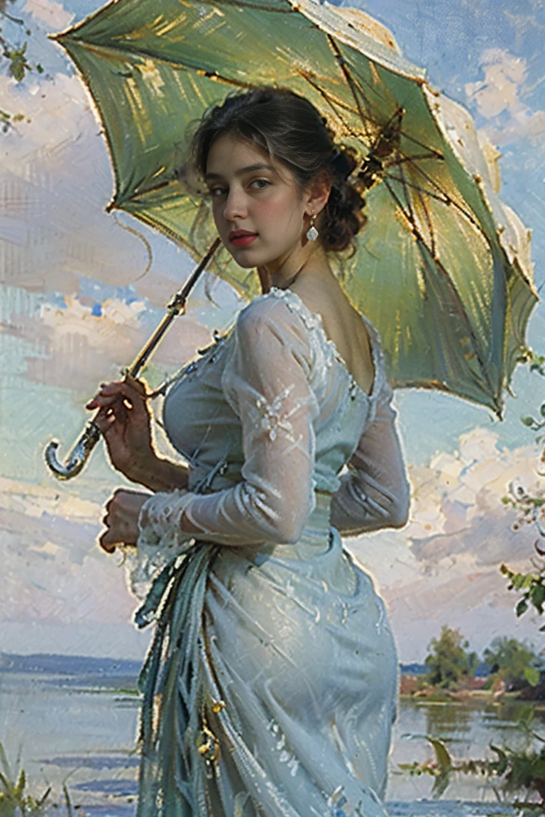 Romanticism, oil painting on linen in the style of Turner.
Ethereal artwork featuring a woman looking back over her
shoulder with a seductive look on her face.
clad in a delicate white ombre bandeau top and white summer Myanmar long 
skirt, embodying a dreamlike essence
With short curly voluminous brown hair.
She holding a stylish lace white umbrella, the umbrella casts
intricate shadows across her face
Their expressive blue eyes and Bordeaux lips are framed by large
green ruby drop-shaped earrings
On background with blurry lake, gouache and glossy acrylics
shabby chic style in summer hues.
soft light, mixed media.