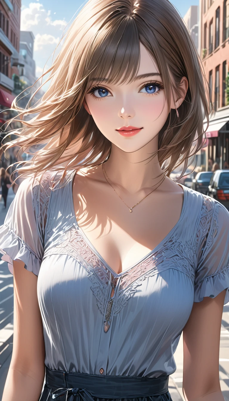 girl in summer clothes, casual dress, making as if she wants to kiss you, (girl bending down looking at camera), medium breasts, random hair color, cleavage, random background, flirtatious look, ((very detailed)), (perfectly detailed face), (well detailed hand) photorealistic image.