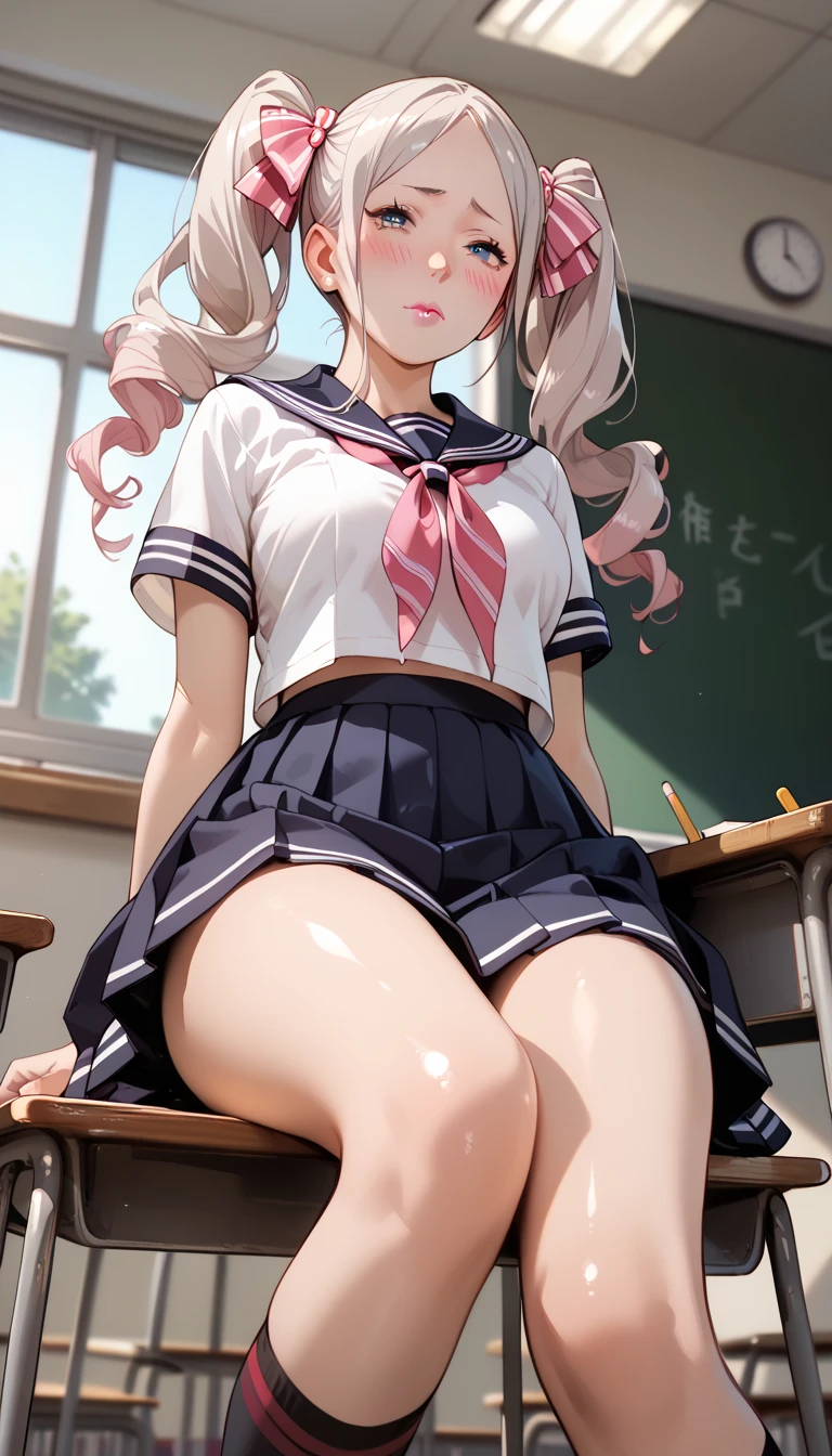 Has long pale hair that is almost creamy, ((Double-wound ponytails are woven in vertical rolls)), Sailor Blouse, Classroom, ((a class in session)), (1girl), lean on a desk, (pink lip), medium breast, sitting on a chair, ((blush)), ((from below)), lying on back, (sole), shiny skin, shy, 